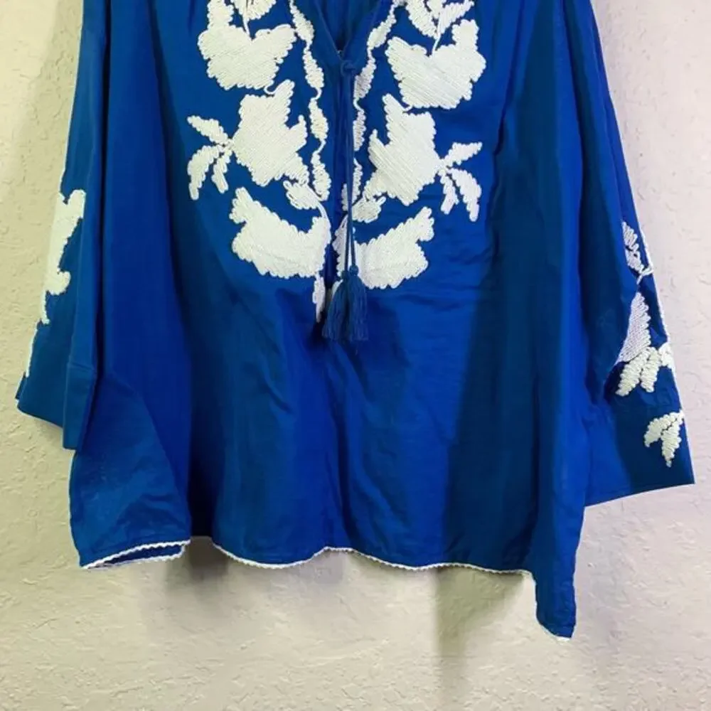 CHICO'S Blouse Embroidered Three-Quarter Sleeve Tassel Tie Neck Peasant Boho Top - Picture 5 of 11
